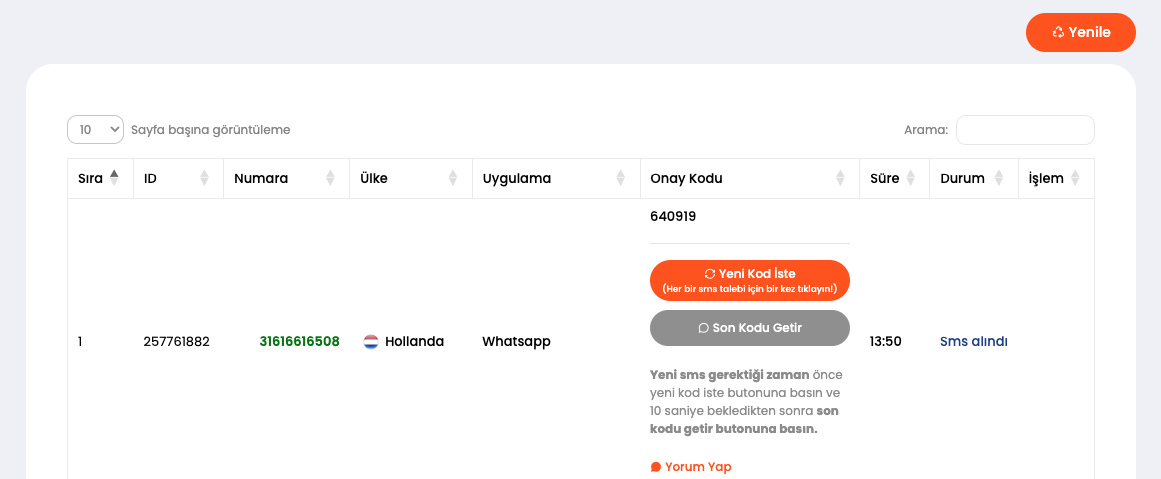 hollanda sanal numara onay kodu